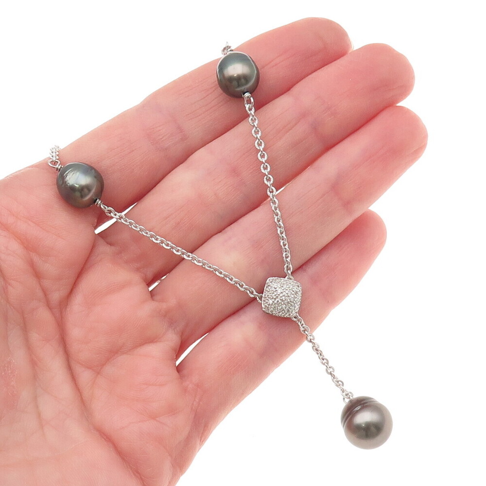 Honora 925 Sterling Silver Real Pearl & C Z Station Chain Necklace 16"